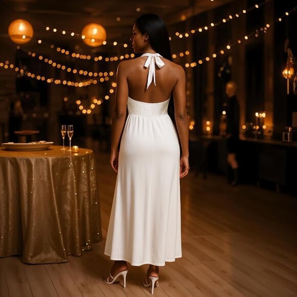 Women’s Backless Maxi Dress Halter Neck Sleeveless Slit Party Evening - Picture 5 of 7